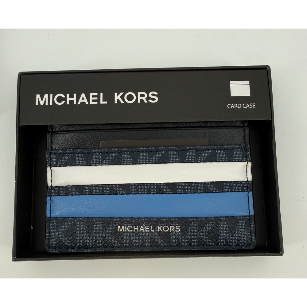 Michael Kors Malone Card Case Blue Multi Signature Logo Stripe Slim Wallet NEW